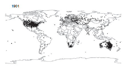 Figure 1　Distribution of stations where monthly rainfall data are available from the global GHCN-M data set for the year 1901